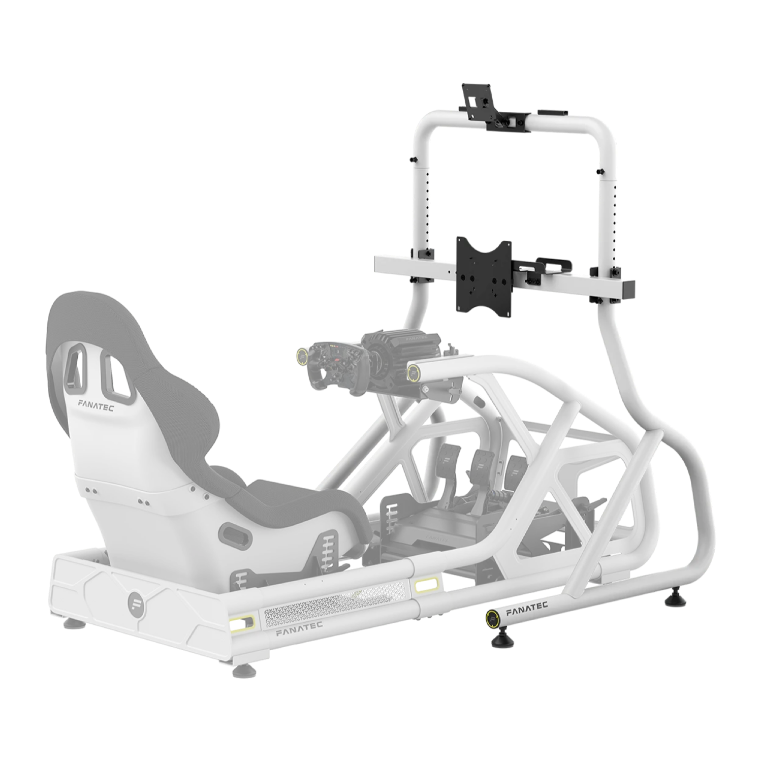 White Fanatec GT Cockpit Monitor Stand on adjustable feet beside an example cockpit